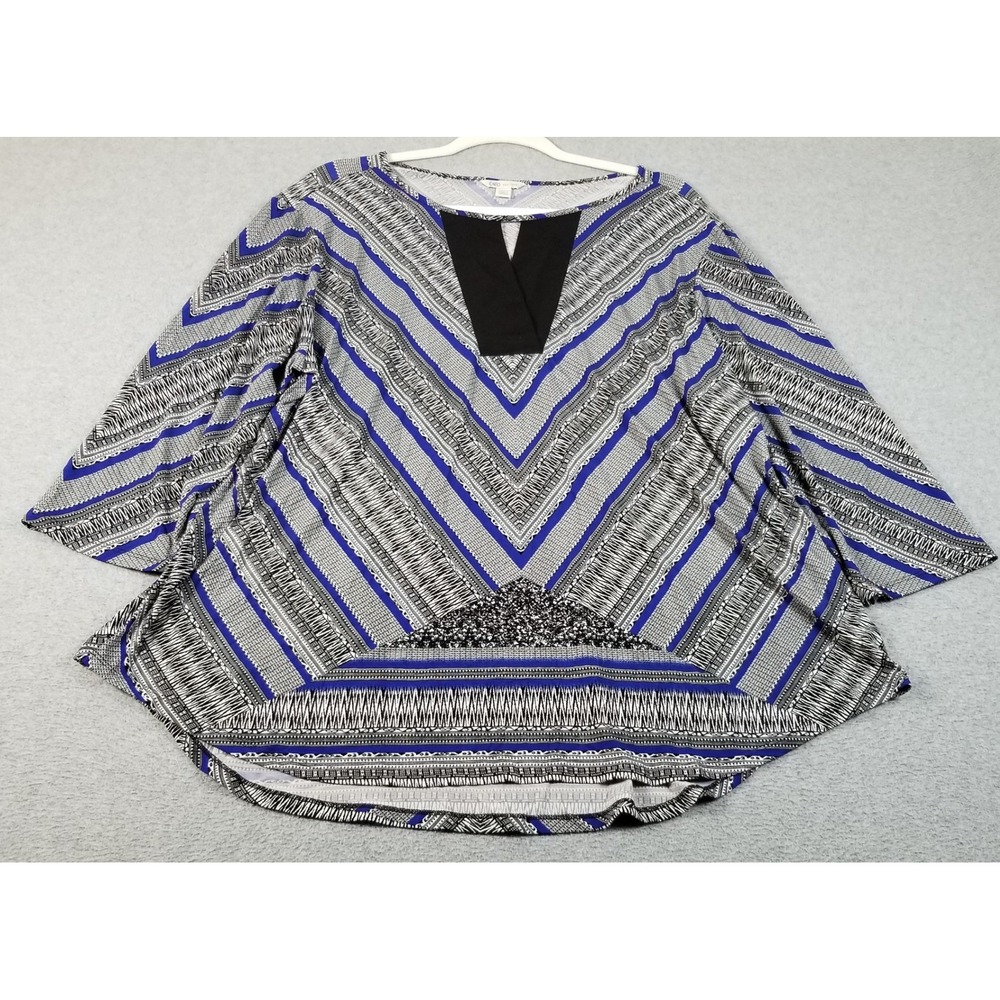 Cato Tunic Top Womens 18W 20W Blue Black White Geometric 3/4 Sleeve Stretch Bold